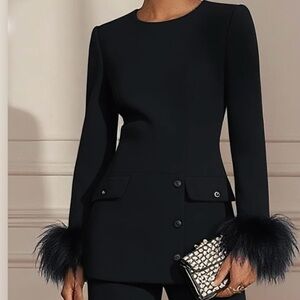 Fehaute Elegant Black Blazer with Pants Faux Fur Cuffs Set